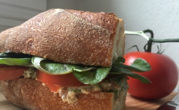 vegan tuna sandwich on a cutting board