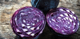split purple cabbage on tree rings