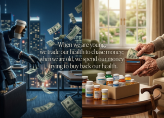 “When we are young, we trade our health to chase money; when we are old, we spend our money trying to buy back our health.”
